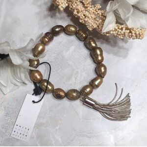 WHBM Gold Freshwater Pearl Beaded Stretch Bracelet with Tassel NWT $50